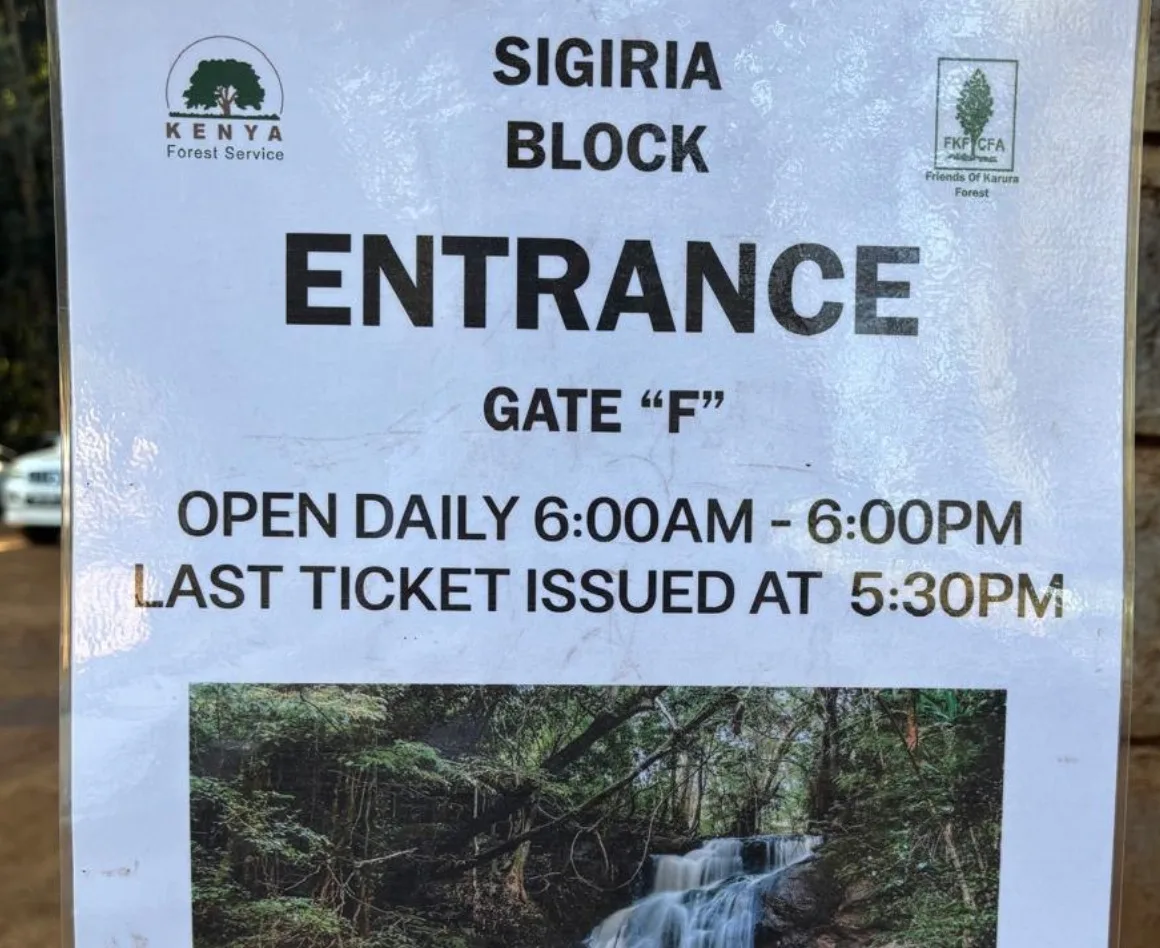Karura Forest Gate F entrance sign for the Sigiria block